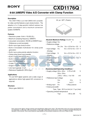 CXD1176Q datasheet - 8-bit 20MSPS Video A/D Converter with Clamp Function