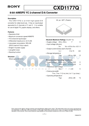 CXD1177Q datasheet - 8-bit 40MSPS YC 2-channel D/A Converter
