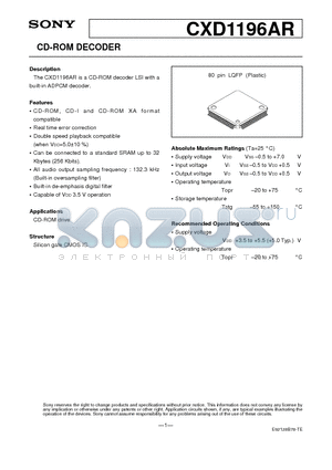 CXD1196 datasheet - CD-ROM DECODER