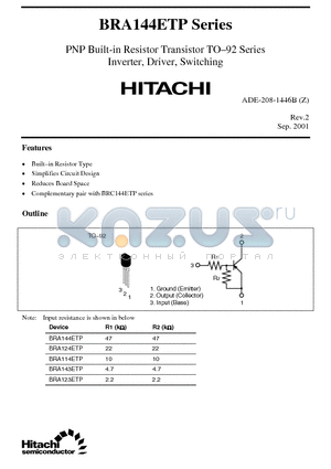 BRA123ETP datasheet - PNP Built-in Resistor Transistor TO-92 Series Inverter, Driver, Switching