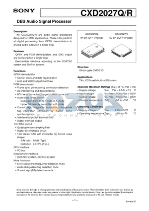 CXD2027R datasheet - DBS Audio Signal Processor