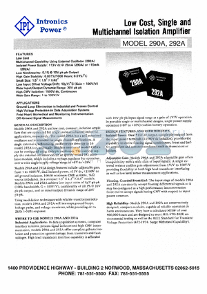 292A datasheet - Low Cost, Single and Multichannel Isolation Amplifier