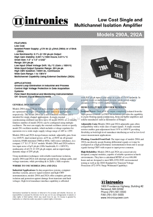 292 datasheet - Low Cost Single and Multichannel Isolation Amplifier