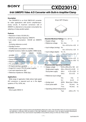 CXD2301Q datasheet - 8-bit 30MSPS Video A/D Converter with Built-in Amplifier/Clamp