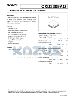 CXD2309AQ datasheet - 10-bit 85MSPS 3-Channel D/A Converter