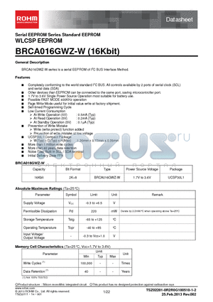 BRCA016GWZ-W datasheet - Serial EEPROM Series Standard EEPROM WLCSP EEPROM