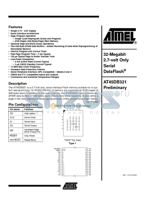 AT45DB321 datasheet - 32-Megabit 2.7-volt Only Serial DataFlash