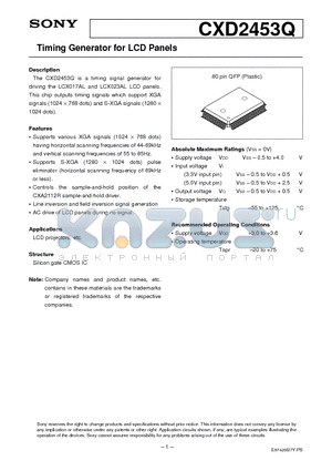 CXD2453Q datasheet - Timing Generator for LCD Panels