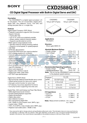 CXD2588R datasheet - CD Digital Signal Processor with Built-in Digital Servo and DAC