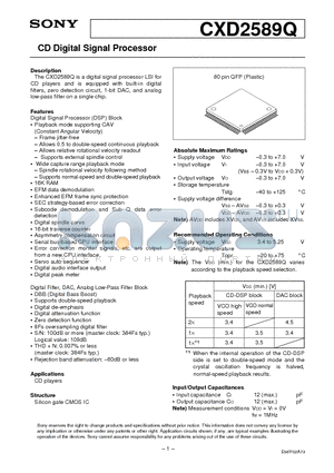 CXD2589Q datasheet - CD Digital Signal Processor
