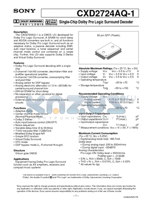CXD2724AQ-1 datasheet - Single-Chip Dolby Pro Logic Surround Decoder