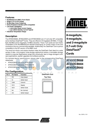 AT45DCB008 datasheet - 8-megabyte 4-megabyte, and 2-megabyte 2.7-volt Only DataFlash Cards