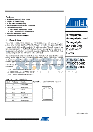 AT45DCB008D datasheet - 8-megabyte, 4-megabyte, and 2-megabyte 2.7-volt Only DataFlash Cards