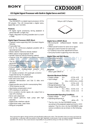 CXD3000R datasheet - CD Digital Signal Processor with Built-in Digital Servo and DAC