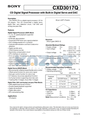 CXD3017Q datasheet - CD Digital Signal Processor with Built-in Digital Servo and DAC