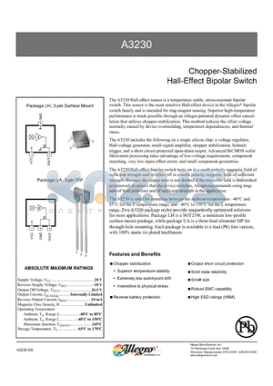 A3230LLHLT datasheet - Chopper-Stabilized Hall-Effect Bipolar Switch