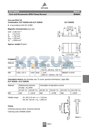 B65808 datasheet - ELP 32/6/20 Core and Accessories (With Clamp Recess)