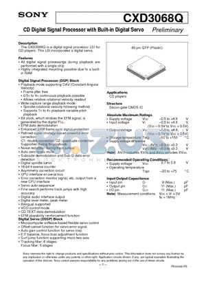 CXD3068Q datasheet - CD Digital Signal Processor with Built-in Digital Servo