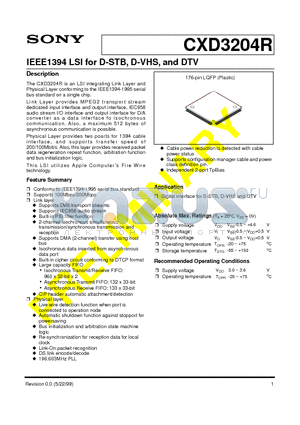 CXD3204R datasheet - IEEE1394 LSI for D-STB, D-VHS, and DTV