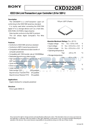 CXD3220R datasheet - IEEE1394 Link/Transaction Layer Controller LSI for SBP-2
