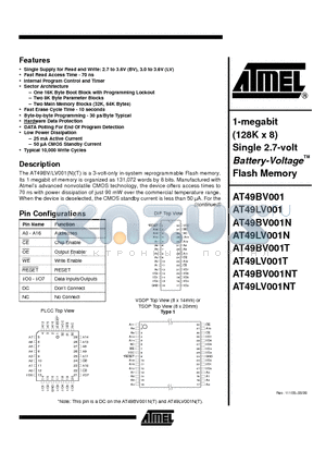 AT49BV-LV001 datasheet - 1-megabit (128K x 8) Single 2.7-volt Battery-Voltage Flash Memory