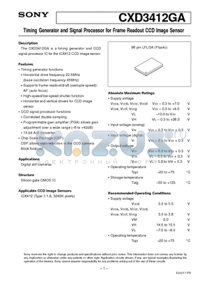 CXD3412GA datasheet - Timing Generator and Signal Processor for Frame Readout CCD Image Sensor