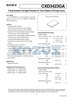 CXD3423GA datasheet - Timing Generator and Signal Processor for Frame Readout CCD Image Sensor