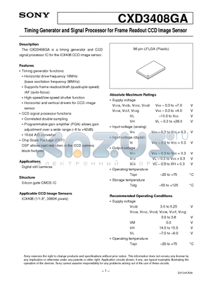 CXD3408 datasheet - Timing Generator and Signal Processor for Frame Readout CCD Image Sensor