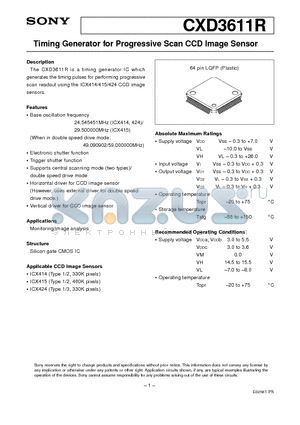 CXD3611R datasheet - Timing Generator for Progressive Scan CCD Image Sensor