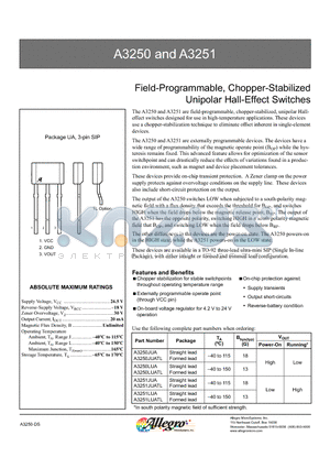 A3250 datasheet - Field-Programmable, Chopper-Stabilized Unipolar Hall-Effect Switches