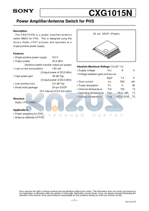 CXG1015N datasheet - Power Amplifier/Antenna Switch for PHS