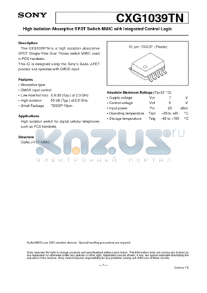 CXG1039TN datasheet - High Isolation Absorptive SPDT Switch MMIC with Integrated Control Logic