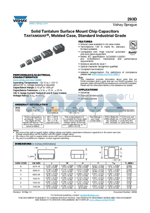 293D475X9025B2TE3 datasheet - Solid Tantalum Surface Mount Chip Capacitors TANTAMOUNT^, Molded Case, Standard Industrial Grade