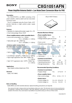 CXG1051AFN datasheet - Power Amplifier/Antenna Switch  Low Noise Down Conversion Mixer for PHS