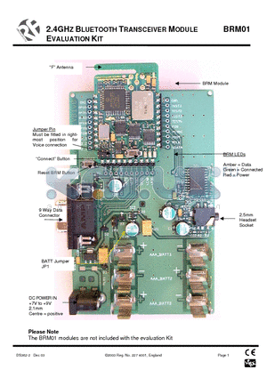 BRM01_1 datasheet - 2.4GHZ BLUETOOTH TRANSCEIVER MODULE EVALUATION KIT