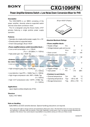 CXG1096FN datasheet - Power Amplifier/Antenna Switch  Low Noise Down Conversion Mixer for PHS