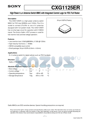 CXG1125ER datasheet - High Power 6  4 Antenna Switch MMIC with Integrated Control Logic for PDC Full Packet