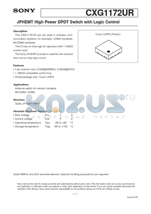 CXG1172UR datasheet - JPHEMT High Power DPDT Switch with Logic Control