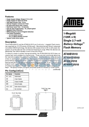 AT49BV010-15TC datasheet - 1-Megabit 128K x 8 Single 2.7-volt Battery-Voltage Flash Memory