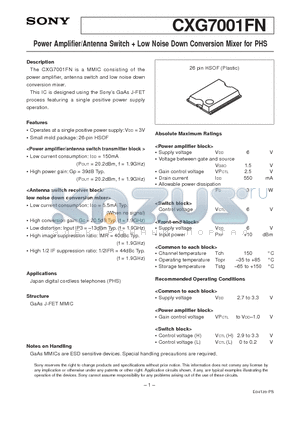 CXG7001FN datasheet - Power Amplifier/Antenna Switch  Low Noise Down Conversion Mixer for PHS