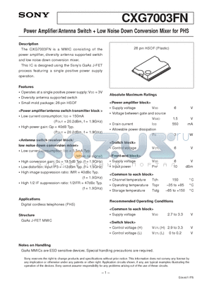 CXG7003FN datasheet - Power Amplifier/Antenna Switch  Low Noise Down Conversion Mixer for PHS
