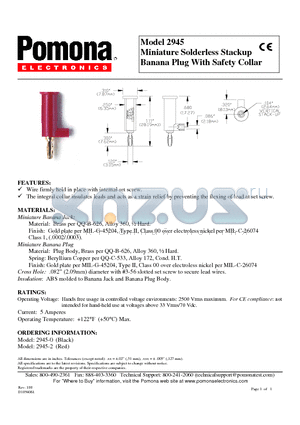 2945 datasheet - Miniature Solderless Stackup Banana Plug With Safety Collar