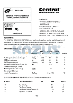 CLLRH-02 datasheet - GENERAL PURPOSE RECTIFIER 0.5 AMP, 200 THRU 600 VOLTS