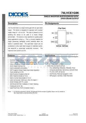 74LVCE1G06 datasheet - SINGLE INVERTER BUFFER/DRIVER WITH OPEN DRAIN OUTPUT