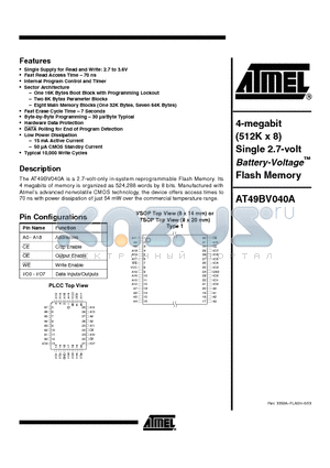 AT49BV040A-70VI datasheet - 4-megabit (512K x 8) Single 2.7-volt Battery-Voltage Flash Memory