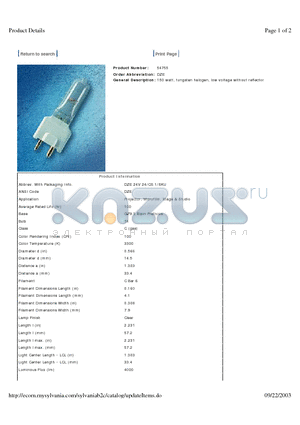 54755 datasheet - 150 watt, tungsten halogen, low voltage without reflector