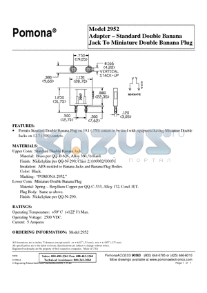 2952 datasheet - Adapter - Standard Double Banana Jack To Miniature Double Banana Plug