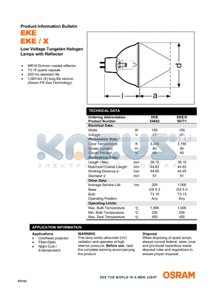 54842 datasheet - Low Voltage Tungsten Halogen Lamps with Reflector