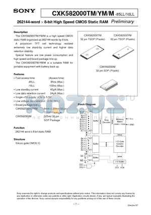CXK582000TM datasheet - 262144-word X 8-bit High Speed CMOS Static RAM