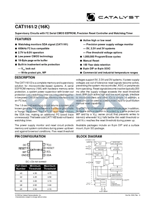 CAT1161JI-45TE13 datasheet - Supervisory Circuits with I2C Serial CMOS EEPROM, Precision Reset Controller and Watchdog Timer